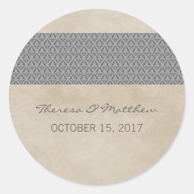 Gray Rustic Damask Wedding Stickers (Front)