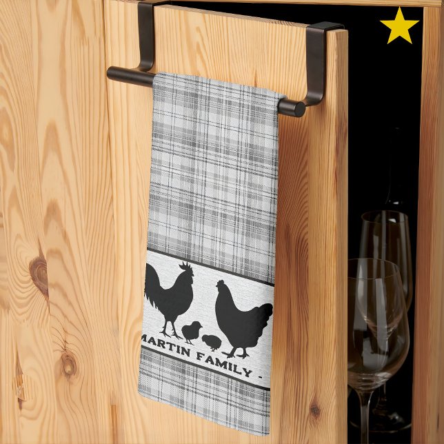 Gray Rustic Farmhouse Plaid Chicken Family Name   Kitchen Towel (Creator Uploaded)