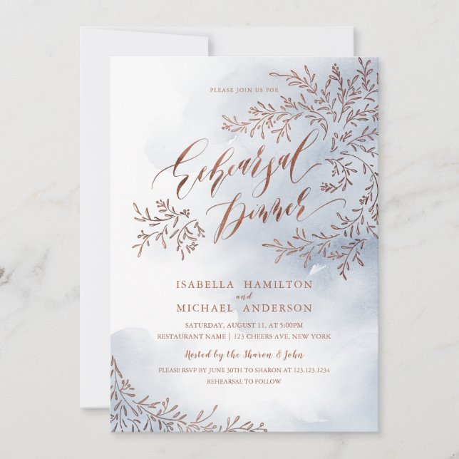 Gray rustic floral calligraphy rehearsal dinner invitation (Front)
