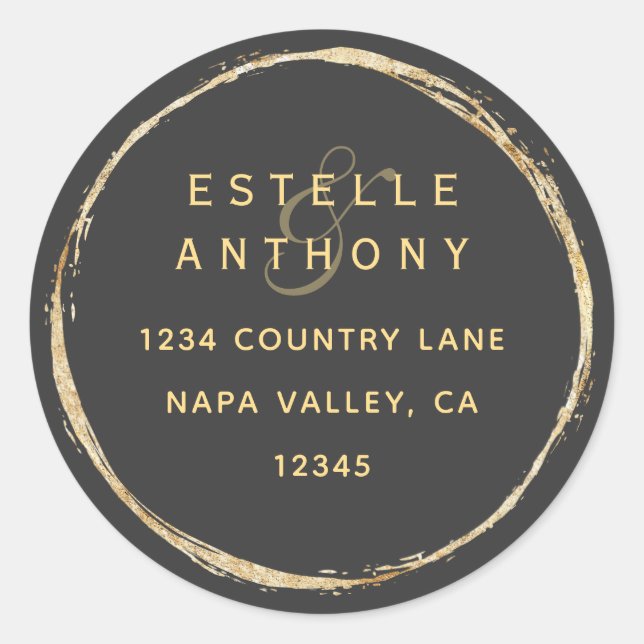 Gray Rustic Gold Circle Ampersand Return Address Classic Round Sticker (Front)