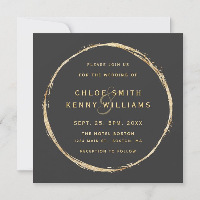 Gray Rustic Gold Circle Ampersand Wedding Square Invitation (Front)