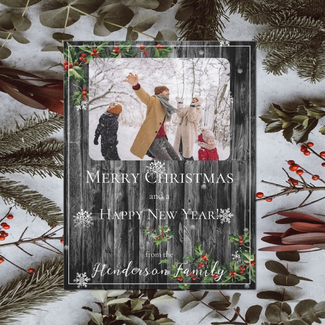 Gray Rustic Holly Branches Flat Holiday Photo Card (Gray Rustic Holly Branches Holiday Photo Card)