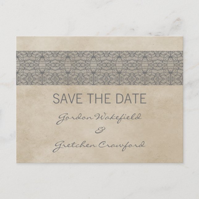 Gray Rustic Lace Save the Date Postcard (Front)