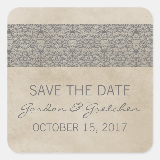 Gray Rustic Lace Save the Date Stickers (Front)