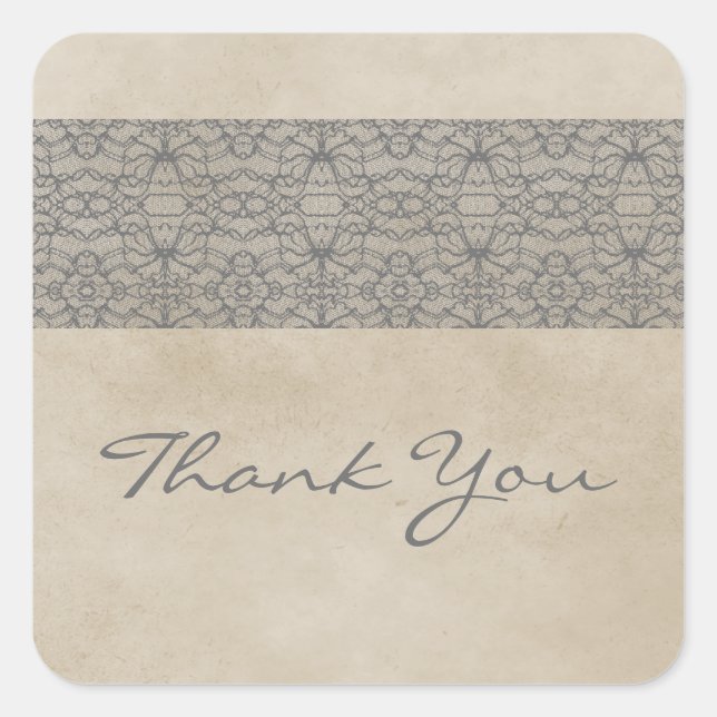 Gray Rustic Lace Thank You Stickers (Front)