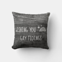 Gray Rustic LGBT Gay Tidings Holiday Rainbow Icon Throw Pillow