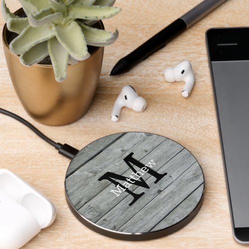 Gray Rustic Pattern Name Monogram Wireless Charger