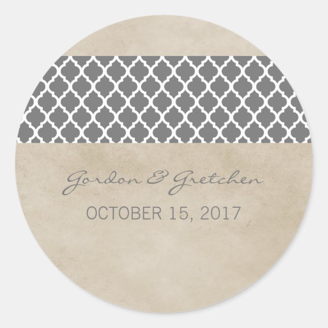 Gray Rustic Quatrefoil Wedding Stickers (Front)