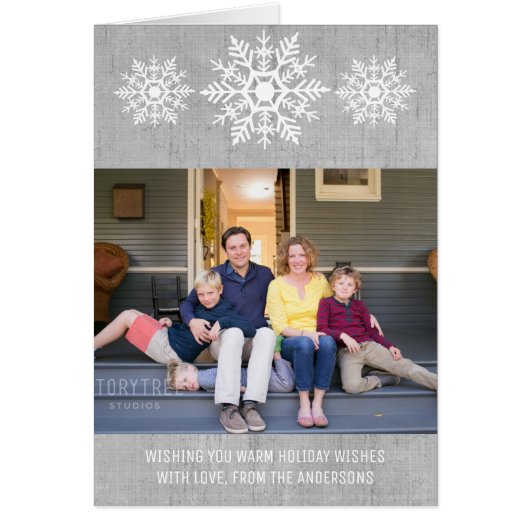 Gray Rustic Snowflake Holiday Photo Cards (Front)