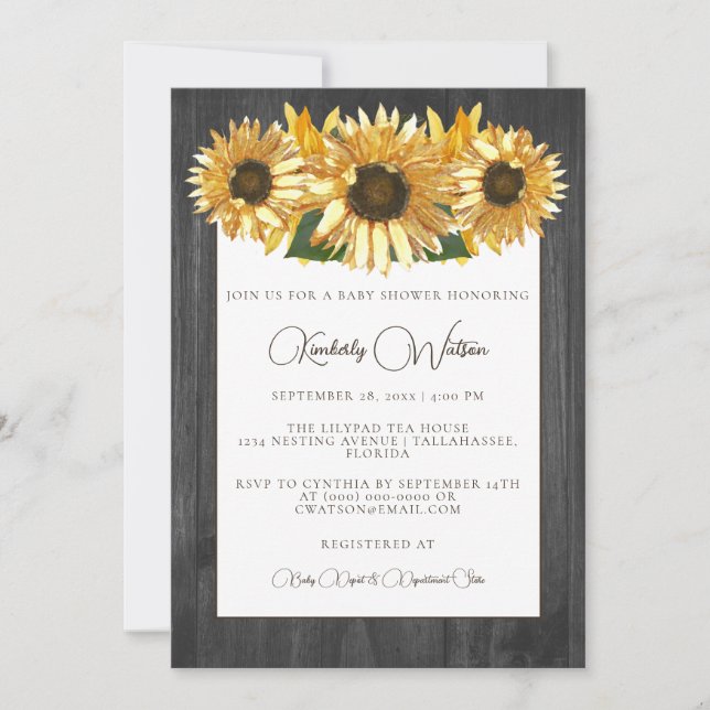 Gray Rustic Sunflower Baby Shower Invitation (Front)