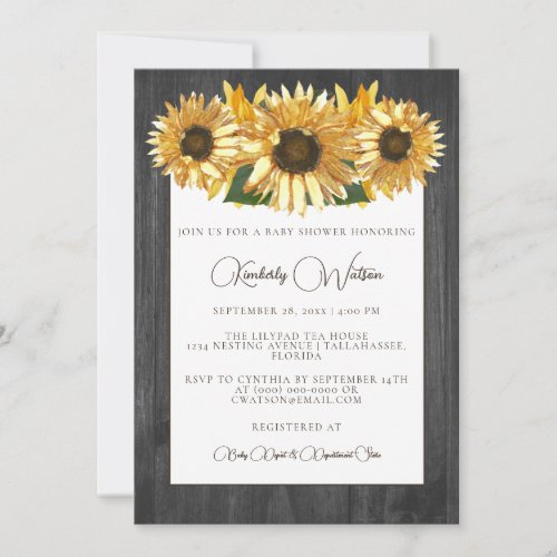 Gray Rustic Sunflower Baby Shower Invitation