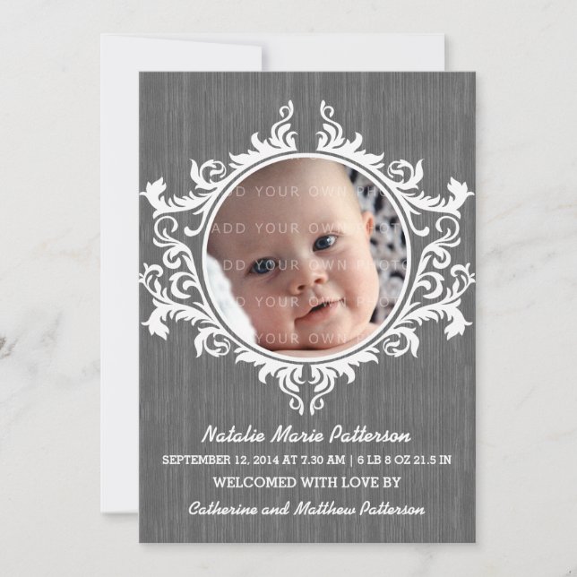 Gray Rustic Swirls Baby Announcement (Front)