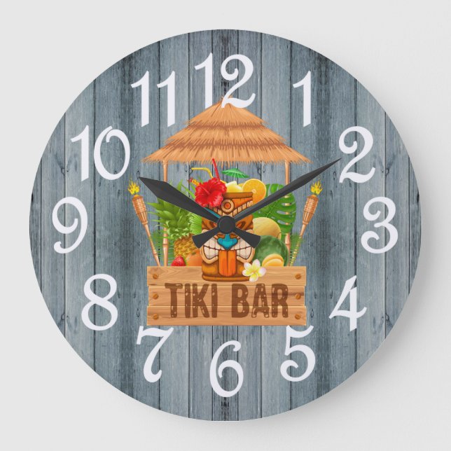 Gray Rustic Tiki Bar  Large Clock (Front)
