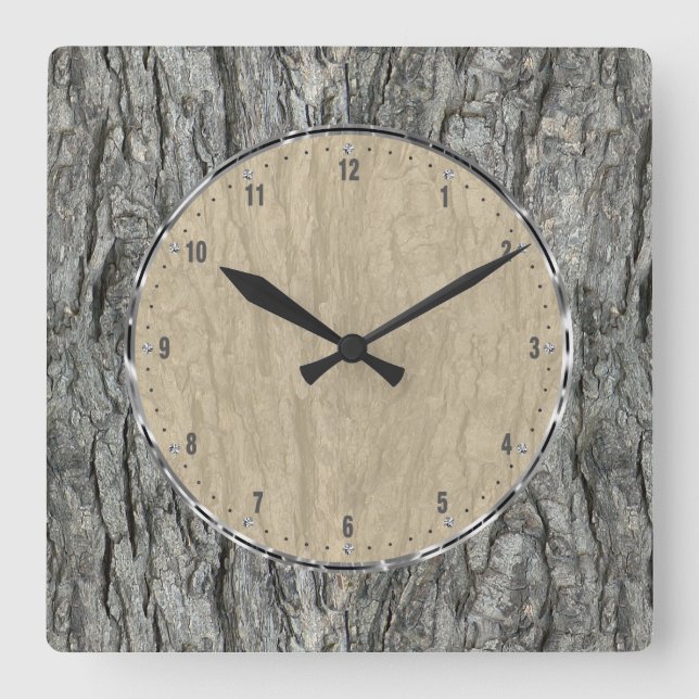 Gray Rustic Wood Bark Square Wall Clock (Front)