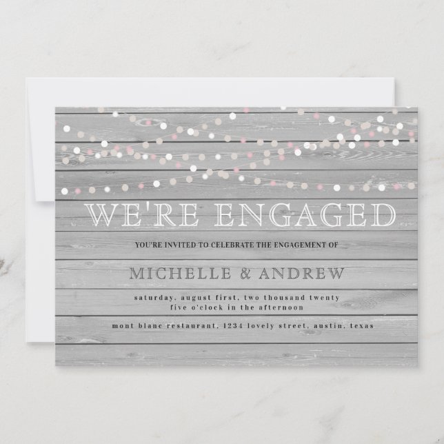 Gray rustic wood pastel string lights engagement invitation (Front)