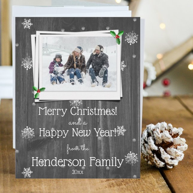 Gray Rustic Wooden Flat Holiday Photo Card (Gray Rustic Wooden Photo Christmas Card)