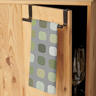 Gray Sage Olive Green Round Squares Art Pattern Kitchen Towel