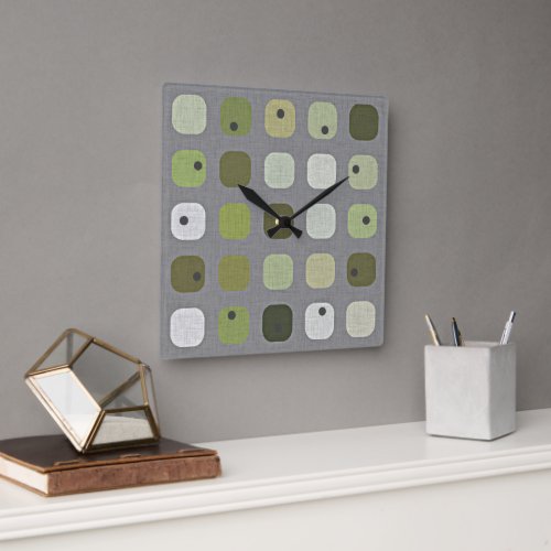 Gray Sage Olive Green Round Squares Art Pattern Square Wall Clock