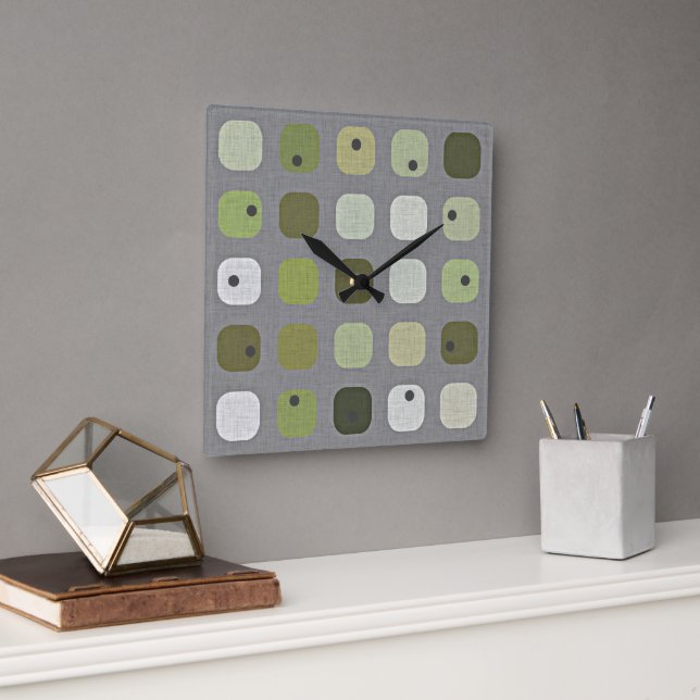 Gray Sage Olive Green Round Squares Art Pattern Square Wall Clock (Office)
