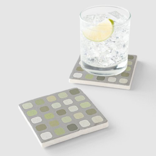 Gray Sage Olive Green Round Squares Art Pattern Stone Coaster