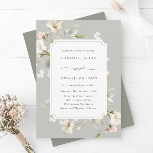 Gray Sage White Elegant Floral Wedding Invitation