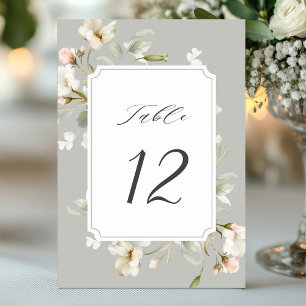 Gray Sage White Elegant Floral Wedding Table Number