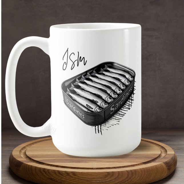 Gray Sardine Art Tin Custom Monogram Name  Coffee Mug (Creator Uploaded)