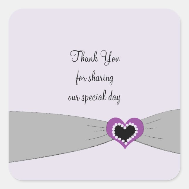 Gray Sash Purple Heart Wedding Thanks Square Sticker (Front)