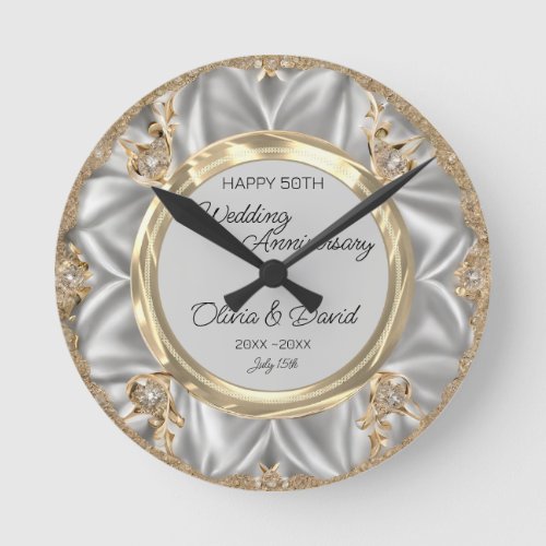 Gray Satin Silver Diamonds Wedding Anniversary  Round Clock