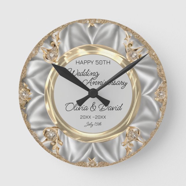Gray Satin Silver Diamonds Wedding Anniversary  Round Clock (Front)