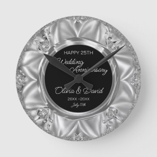 Gray Satin  Silver Diamonds Wedding Anniversary  Round Clock