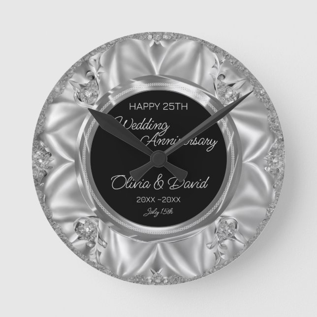 Gray Satin & Silver Diamonds Wedding Anniversary  Round Clock (Front)