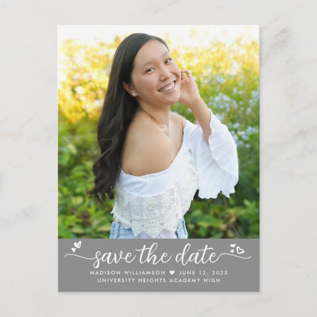 Gray Save the Date Graduation Photo Script Hearts Invitation Postcard (Front)