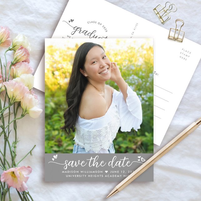 Gray Save the Date Graduation Photo Script Hearts Invitation Postcard (Creator Uploaded)
