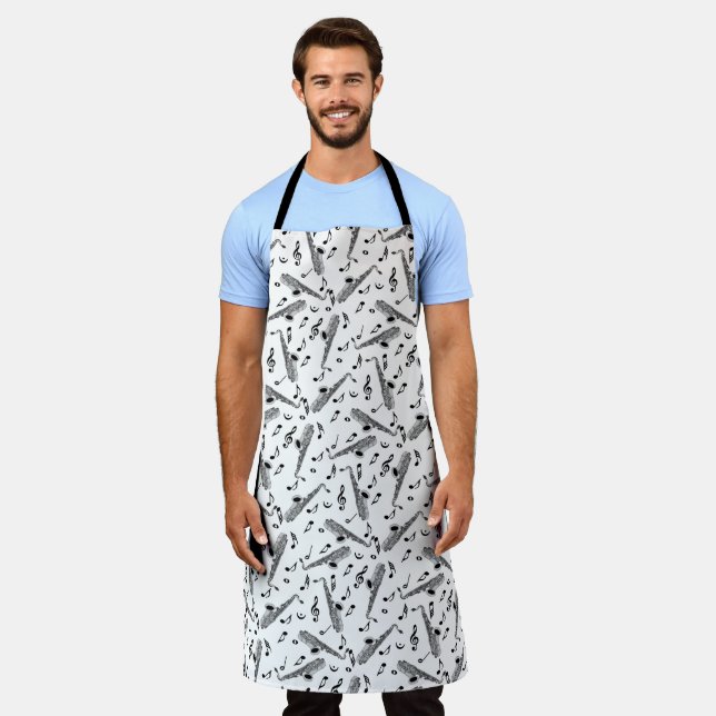 Gray Saxophone Music Note Pattern Apron (Worn)