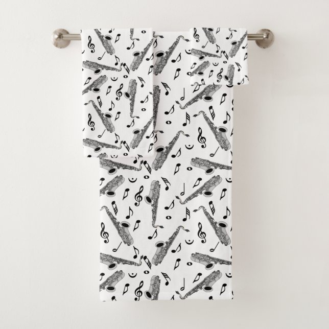 Gray Saxophone Music Note Pattern Bath Towel Set (Insitu)