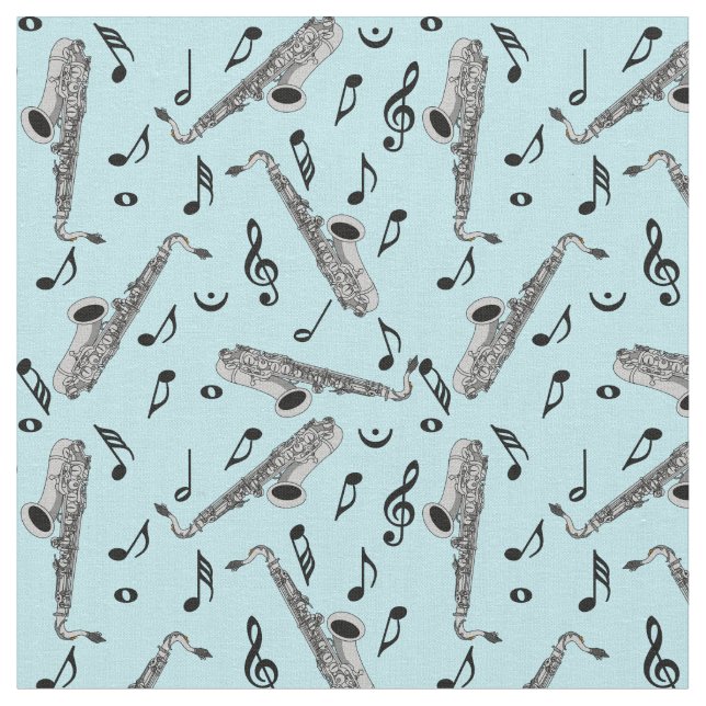 Gray Saxophone Music Note Pattern Fabric (Close Up)