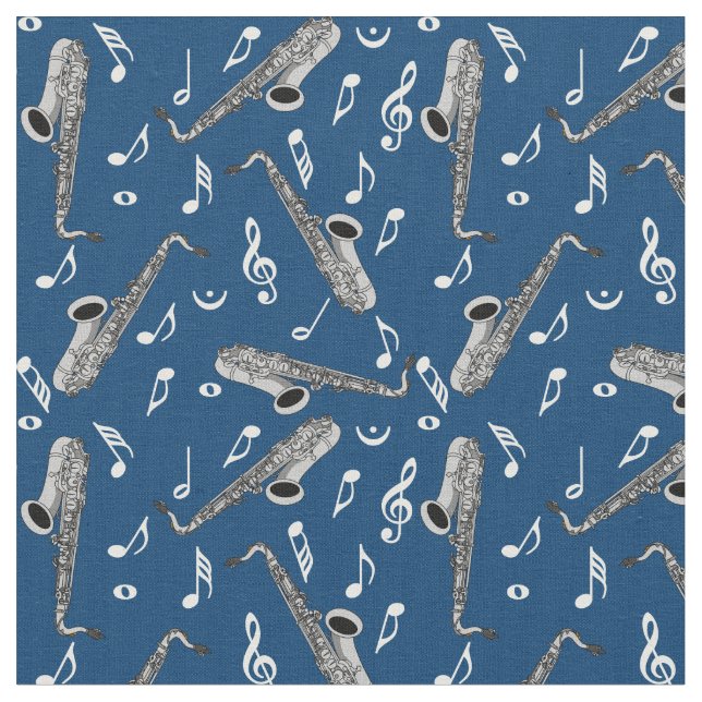 Gray Saxophone Music Note Pattern Fabric (Close Up)