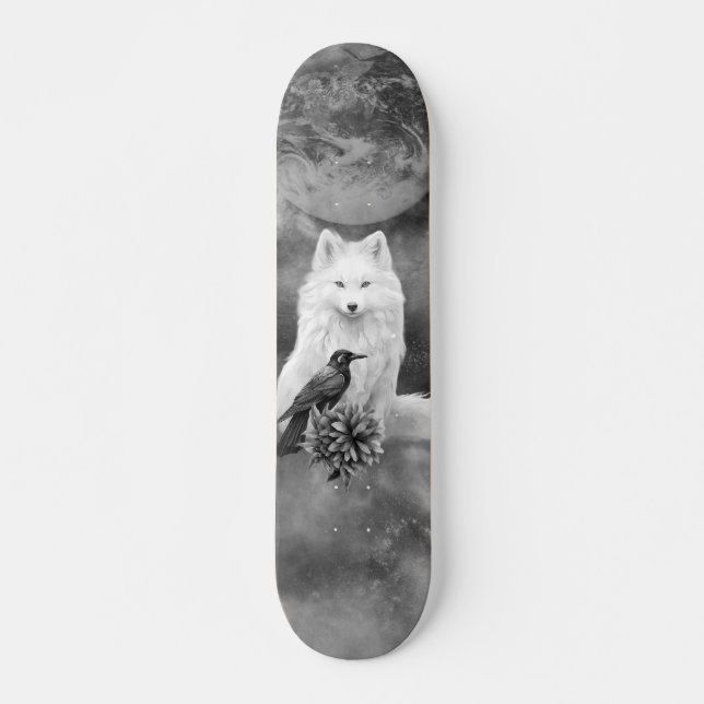Gray Scale White Fox Fantasy Raven Moon Skate Deck (Front)