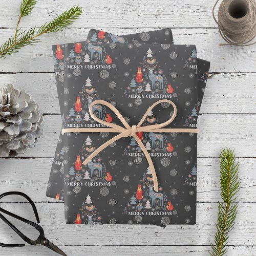 Gray Scandinavian Reindeer Tree Animal Snowflake Wrapping Paper Sheets