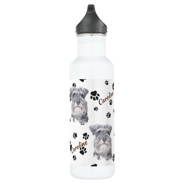 Gray Schnauzer Dog Pawprint Stainless Steel Water Bottle (Right)