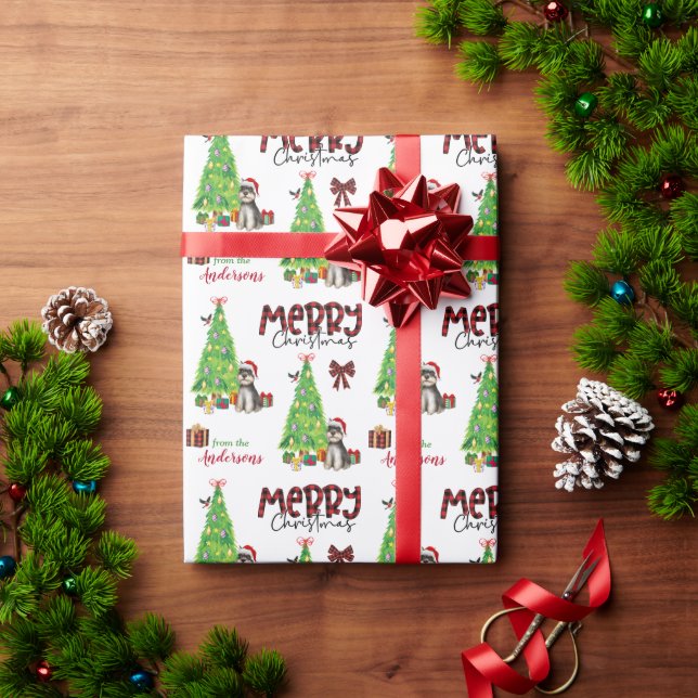 Gray Schnauzer Terrier, Bird, and Christmas Tree Wrapping Paper (Holiday Gift)