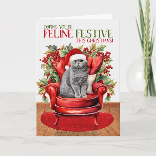 Gray Scottish Fold Christmas Cat FELINE Festive Holiday Card (Front)