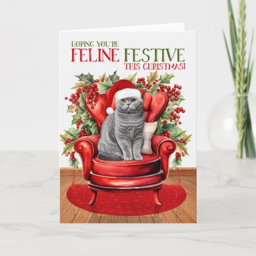 Gray Scottish Fold Christmas Cat FELINE Festive Holiday Card