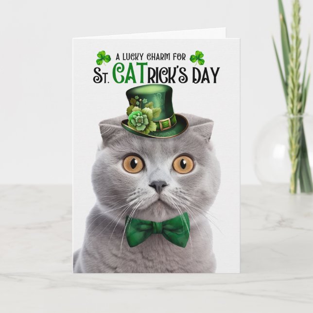 Gray Scottish Fold Lucky Charm St CATrick's Day Holiday Card (Front)