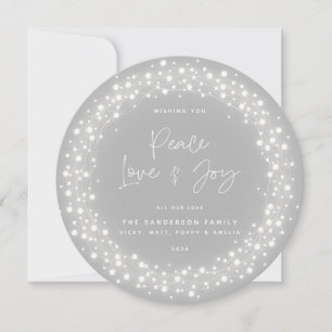 Gray Script Font Peace Love+Joy Sparkling Lights Holiday Card