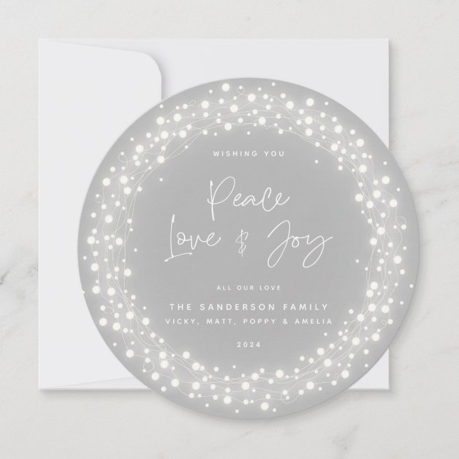 Gray Script Font Peace Love+Joy Sparkling Lights Holiday Card (Front)