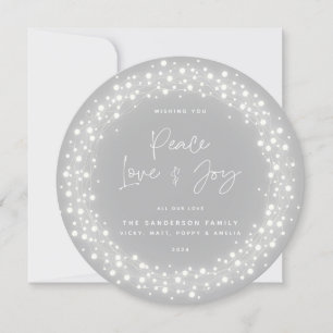 Gray Script Font Peace Love+Joy Sparkling Lights Holiday Card