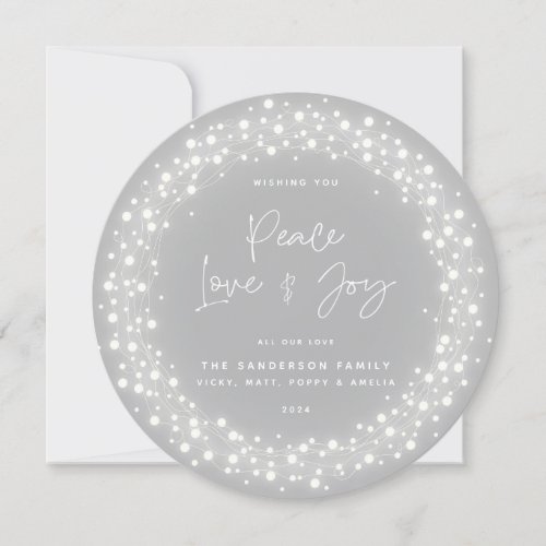 Gray Script Font Peace LoveJoy Sparkling Lights Holiday Card