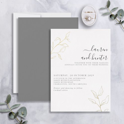 Gray Script Gold Botanical Wedding Foil Invitation